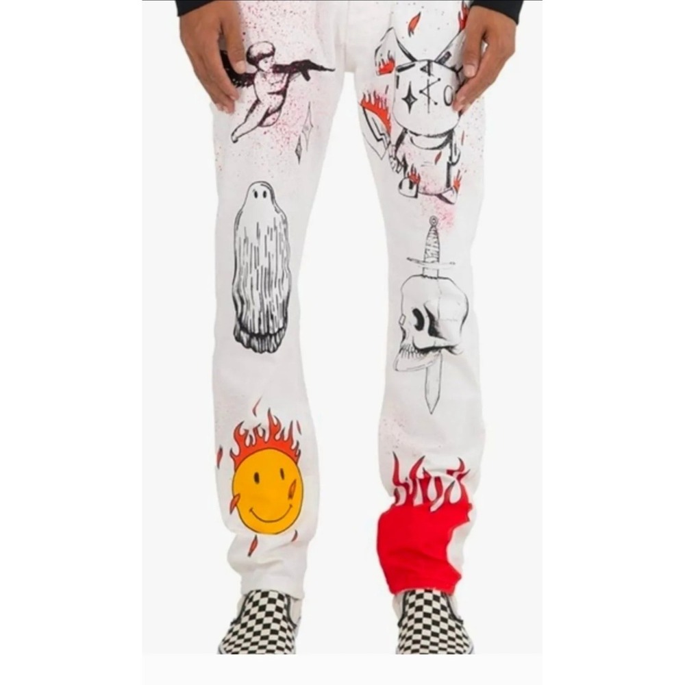 Mnml Graphic Denim Straight Leg Pants‎ White Flame Smiley Skull Pockets 32